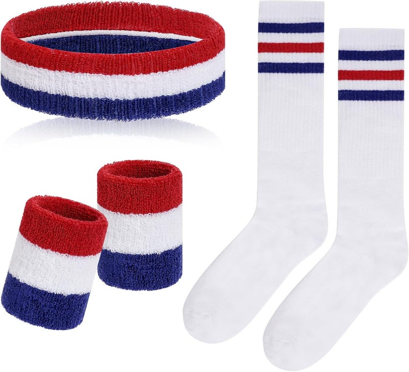 Sucrain 5 Pieces Striped Sweatbands and Socks Set, Sports Sweatbands Wrist Sweat Bands Red, White& Blue High Tube Socks 80s Accessories Costumes for Men Women - Image 1